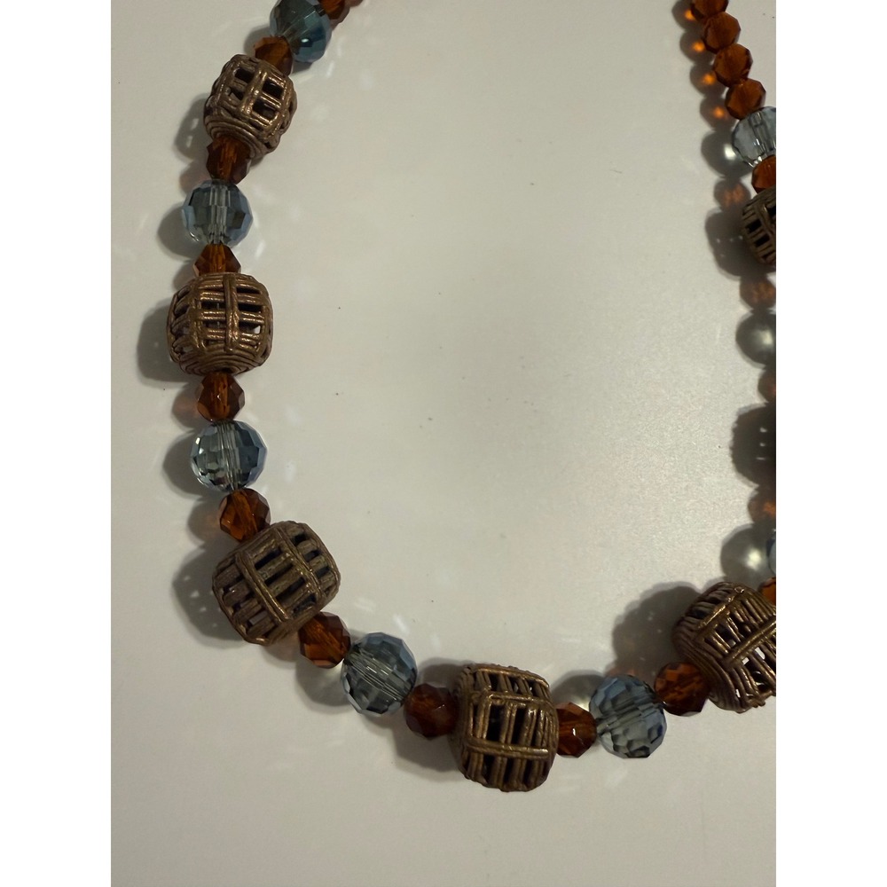 Bohemian Amber Smoky Blue Glass Bead Cage Metal Barrel Necklace S-Hook Clasp - Picture 2 of 4